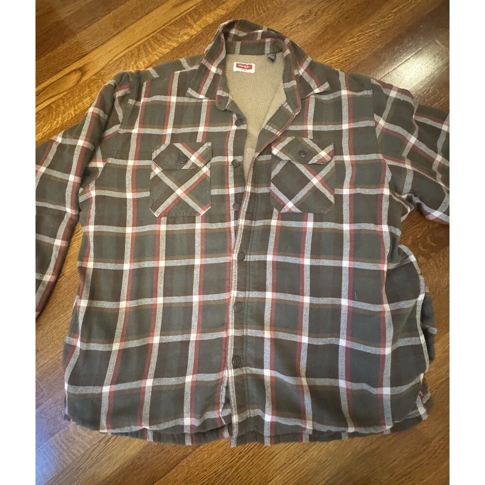 Wrangler Mens XL Sherpa Lined Flannel Shirt Jacket Plaid Green Shacket